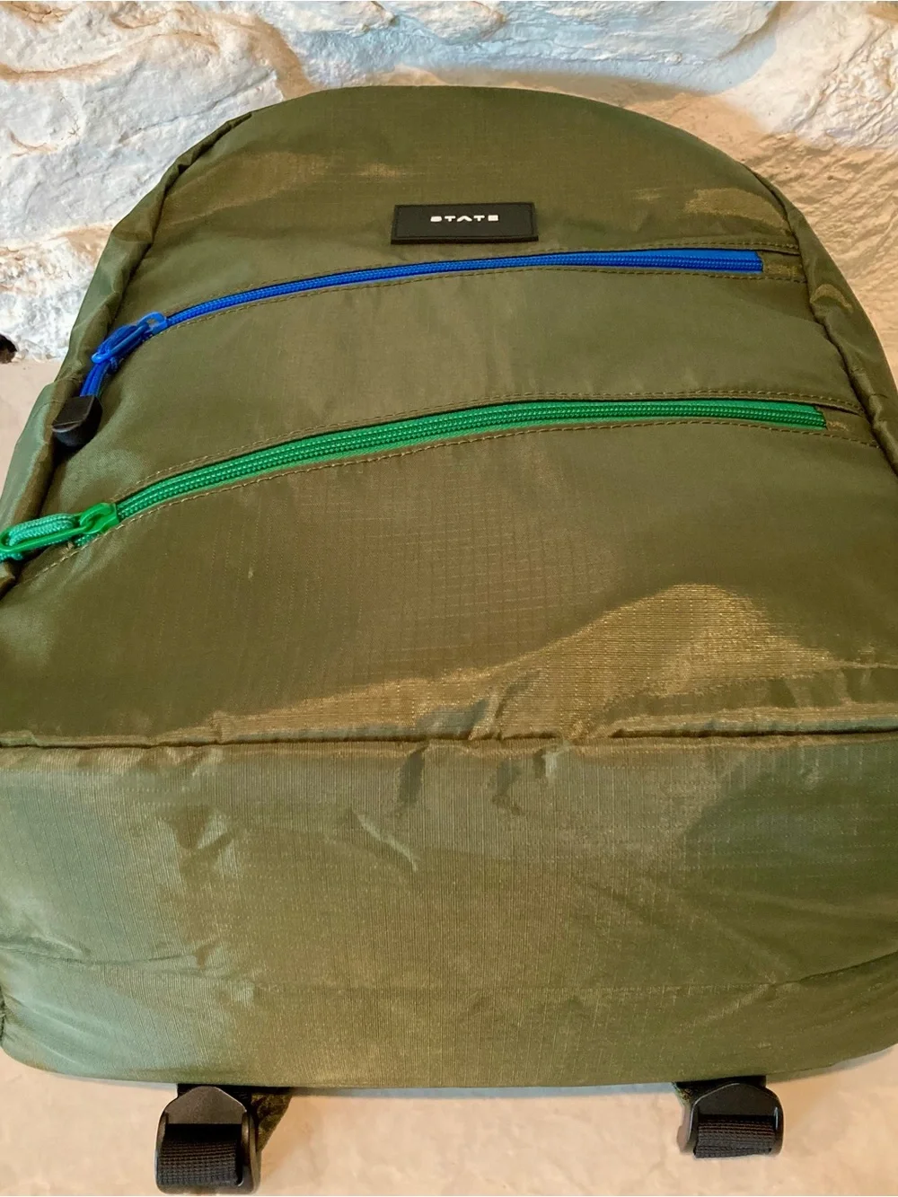 NWT State brand Kane kids double pocket olive diagonal zipper backpack